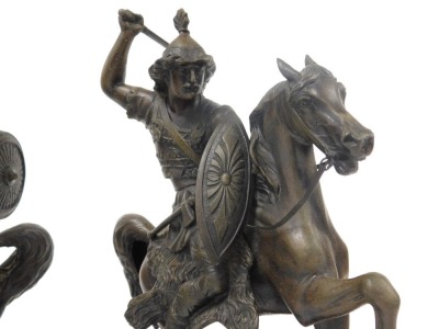 A pair of later 19thC spelter figures, modelled as warrior Goths on horseback, raised on an ebonised oval base, 32cm and 30cm wide. - 3