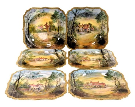 Four Royal Doulton porcelain plates, retailed by Ovington's of New York and Chicago, painted by JA Bailey, and C Hart, with Hartfield Inn Sussex, The Three Crowns Little Stoke, The Leather Bottle Cobham, and The Swan Inn Fittleworth, together with two sim