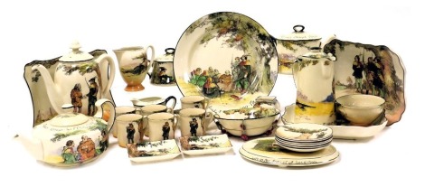 A group of early 20thC Royal Doulton Under the Greenwood Tree series table wares, including teapots, teapot stand, coffee pot, cream jugs, sucrier, water jug, dishes and bowls. (a quantity)