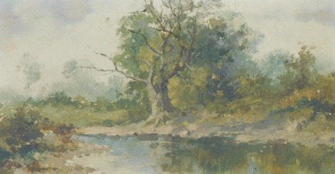 English School (early 20thC). Country riverscape, oil on board, 15.5cm x 29cm.