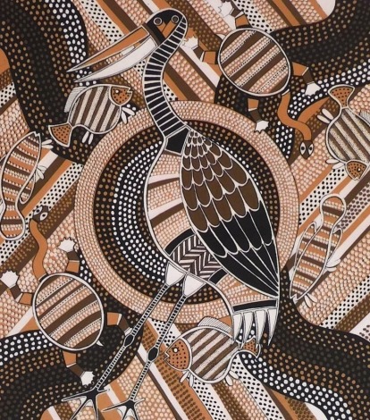 Australian Aboriginal School. Jabiru Feast Dreaming, Churinga silk screen print, 45.5cm x 40cm.