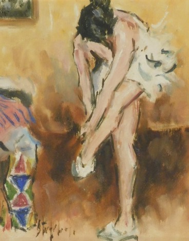 20thC School. Ballerina adjusting her shoes, in an interior, oil on canvas, indistinctly signed, 22.5cm x 18.5cm.