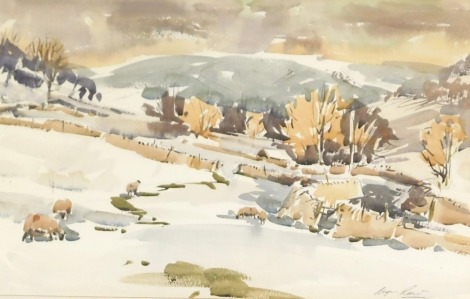 Angus Bernard Rands (British, 1922-1985). Sheep in a rural winter setting, watercolour, signed, 39cm x 62cm.