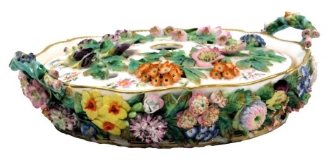 An early 19thC Minton porcelain pot pourri bowl and cover, of circular twin handle form, with a pierced lid, encrusted all over with flowers, 28.5cm wide.