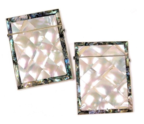 A near pair of Victorian mother of pearl and abalone card cases, 10.5cm x 8cm.