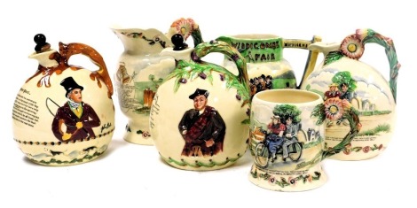 Three Fieldings Crown Devon musical jugs, two with stoppers, Auld Lang Syne, John Peel, and Daisy Bell, together with a musical water jug, playing Daisy Bell, another Widecombe Fair, and a tankard Daisy Bell. (6)