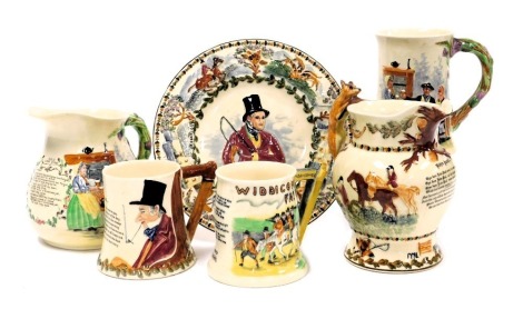A group of Fieldings Crown Devon musical pottery, comprising a jug playing Auld Lang Syne, another John Peel, a John Peel plate, and three tankards playing Widecombe Fair, Auld Lang Syne, and John Peel. (6)
