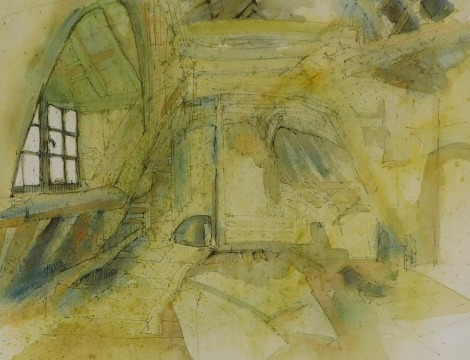 Nina Carroll (British, 1932-1990). Roof, pen, ink and watercolour, signed, attributed and titled verso, 39cm x 49cm.