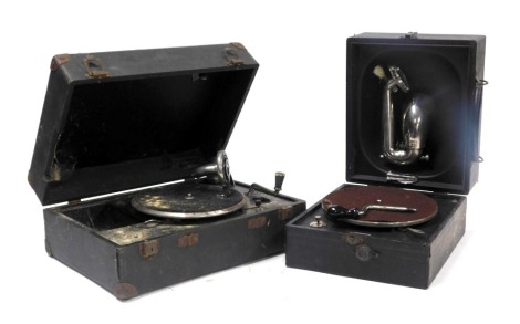An early 20thC Decca table top gramophone, black cased, 38cm wide, together with a further table top gramophone, similarly cased, 29cm deep. (2)