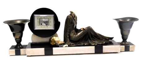 A continental Art Deco slate and marble clock garniture, the clock with a white and silvered rectangular dial bearing Arabic numerals, eight day movement with bell strike, the case of shaped form, flanked by a figure of a seated lady, raised on a rectangu