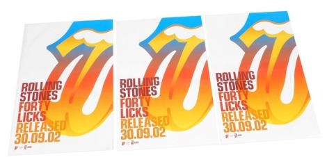 Three Rolling Stones Forty Licks UK music shop posters, 2002, that were never used, issued in London at the time of release for use on buses and London tube stations, 76cm x 51cm.