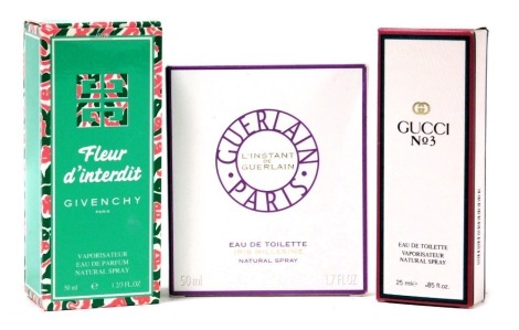 A bottle of Guerlain eau de toilette natural spray, L'Instant de Guerlain, 50ml, Givenchy Fleur d'Interdit eau de parfum natural spray, 50ml, and Gucci No 3 eau de toilette natural spray, 25ml. (3)
