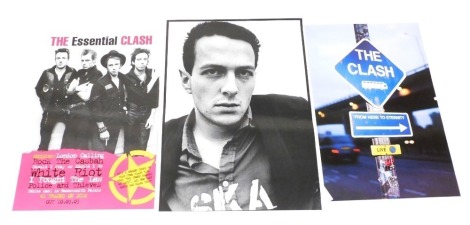 Three The Clash posters, comprising the Essential Clash 2003, and from Here to Eternity, promotional posters that were issued to UK record shops but never used, 71cm x 51cm, and Joe Strummer June 1977, a commercially issued poster, 84cm x 56cm.