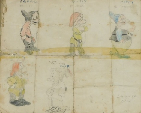 A WWII cartoon picture, drawn by George Bailey, POW, Stalag 86, Germany 1942, showing five of the seven dwarfs, being Bashful, representing Spr Lee, Grumpy, representing LCpl Sampson, Happy, representing Cpl Wilkinson, Sneezy, representing Cpl Kent, and D