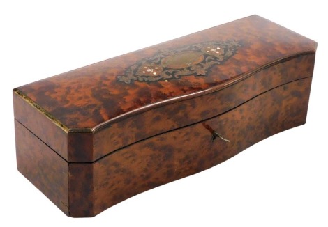 A Victorian burr walnut glove box, of serpentine form, with brass and mother of pearl inlay and brass edging, with key, 28.5cm wide. (AF)