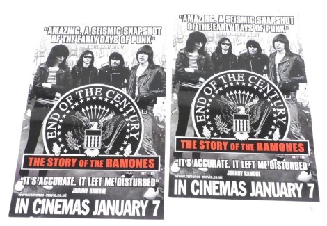 Two Ramones End of Century Story of Ramones cinema posters, released 2003, for use on buses and London tube stations, that were never used, 76cm x 51cm.