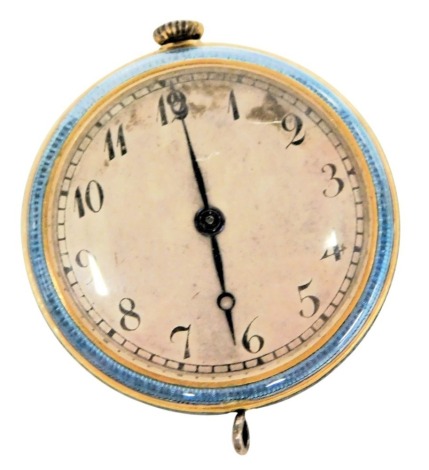 An early 20thC Continental blue guilloche enamel and diamond overlaid pendant watch, circular silvered dial bearing Arabic numerals, the diamond overlay in a floral design, 27mm wide.