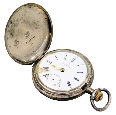 An Omega Sennet Frères silver hunter pocket watch, keyless wind, circular enamel dial bearing Roman numerals, subsidiary seconds dial, the case with engine turned decoration, vacant circular reserve, stamped 800, serial number 4145240.