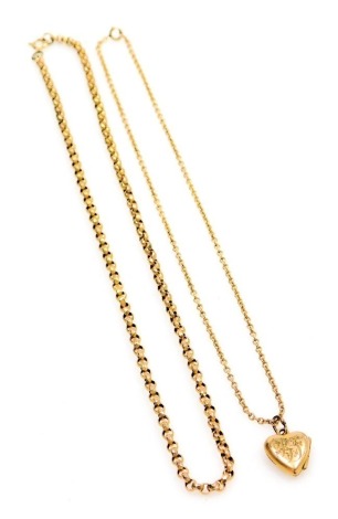 A belcher link neck chain, on a bolt ring clasp, stamped 9ct, 4.5g, together with a heart shaped photo locket, monogram engraved, and a gold plated belcher link neck chain. (3)