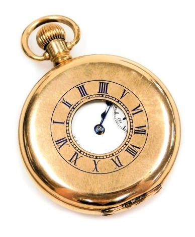 A gentleman's gold plated half hunter pocket watch, keyless wind, circular enamel dial bearing Roman numerals, subsidiary seconds dial, Waltham movement, number 20537449, the case of plain form.