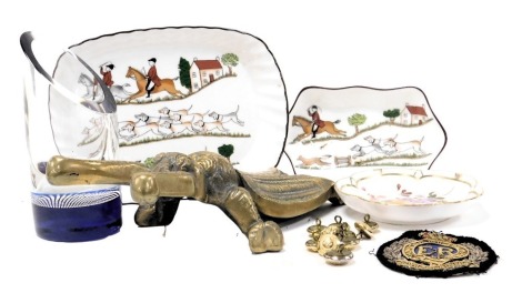A Caithness clear and blue glass bubble vase, 15cm high, two Coalport Hunting Scenes pattern dishes, Royal Crown Derby Derby Posies dish, a brass fly paperweight, Royal Engineers felt badge and brass buttons.
