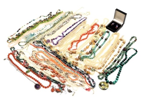 A group of hardstone necklaces, seed and simulated pearl beads, pendant, etc.