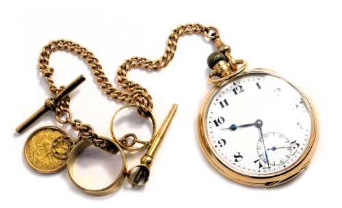 A 9ct gold cased pocket watch, with white enamel numeric dial, blue hand and seconds dial, on a 9ct gold chain with T bar and clip, the chain mounted with 9ct gold wedding band and 22ct gold wedding band, clock key, and an Edward VII half gold sovereign d