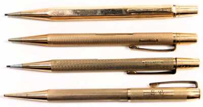 Four Yard O' Lead rolled gold pencils, two with engine turned decoration, one plain, and one initialled E C. - 2