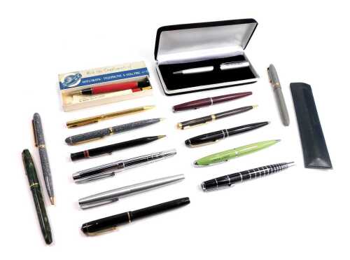 A group of ball point and fountain pens, to include Automatic Telephone Electric Company, Elnett, Ungaro, Conway, etc.