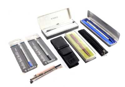 Three Parker pens, including a British Aerospace fountain pen, cased, together with roller ball refills, pen case, etc. (a quantity)