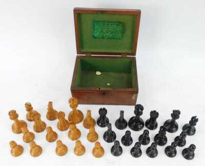 A Jaques and Son London Staunton pattern boxwood and ebony chess set, enclosed in a mahogany box, 18cm wide. (some pieces AF) - 2