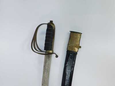 A 19thC officer's dress sword, with black leather wire rung hilt and a curved blade, in leather scabbard, with patterned blade, 95cm long. - 2