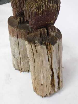 Two carved driftwood owls on plinths, overpainted in brown, 80cm high. (AF) (2) - 3