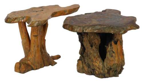 Two carved tree root tables or stools, comprising one lightwood example, 40cm high, 55cm wide, and a darker wood example, 35cm high, 42cm wide. (2)