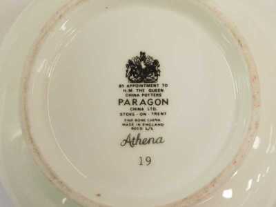 A Paragon porcelain part tea and dinner service decorated in the Athena pattern, comprising seven breakfast bowls, gravy boat and saucer, lidded two handled sugar bowl (AF), four teacups, six saucers, two lidded tureens, five cake plates, six side plates, - 2