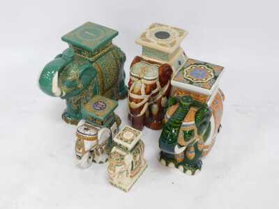 Five ceramic elephant stools, of varying sizes and glazes, comprising three large 43cm high, medium 27cm high, small 26cm high. (5) - 2