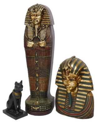 Three Egyptian related items, comprising a wooden pharaoh head, overpainted in gilt, 68cm high, 41cm wide, a sphinx style cat, 45cm high, and an Egyptian sarcophagus display case, 130cm high, 34cm wide, 28cm deep.