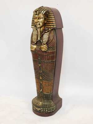 Three Egyptian related items, comprising a wooden pharaoh head, overpainted in gilt, 68cm high, 41cm wide, a sphinx style cat, 45cm high, and an Egyptian sarcophagus display case, 130cm high, 34cm wide, 28cm deep. - 2