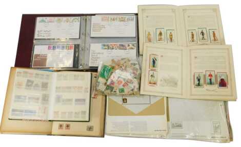 Philately. A stamp album containing World stamps, South Africa, USSR, Pakistan, Mozambique, Italy, Egypt, Canada, Belgium, loose used stamps, further albums, first day covers, etc. (a quantity)