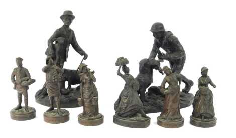 A Heredities figure group, modelled as a figure holding a gun beside a gundog with a pheasant in its mouth, resin, signed J Bromley, 21cm high, and another similar depicting figure of a gentleman holding a lamb beside a dog, together with six further figu