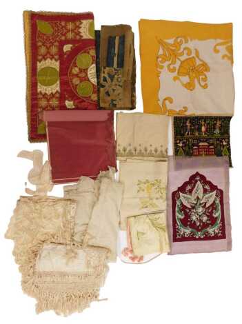 A quantity of 19thC and later lace, together with embroidered panels, other textiles, etc. (a quantity)