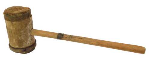 A large wooden and metal bound mallet, 79cm long. (AF)