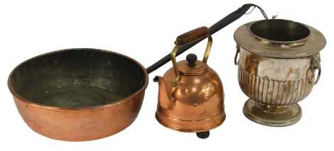 A group of metal ware, comprising a silver plated wine cooler, part fluted design with lion mask ring handles, with liner, 23cm high, together with a copper electric kettle, and a 19thC copper and iron pan.