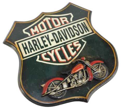 A Harley Davidson painted wooden key cabinet, the front of shield design bearing typology and depiction of a Harley, 40cm high.