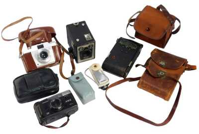 A group of cameras, to include a Kodak folding camera in brown leather case, an Agfa camera in case, Kodak Model C Brownie camera, etc. (1 box)