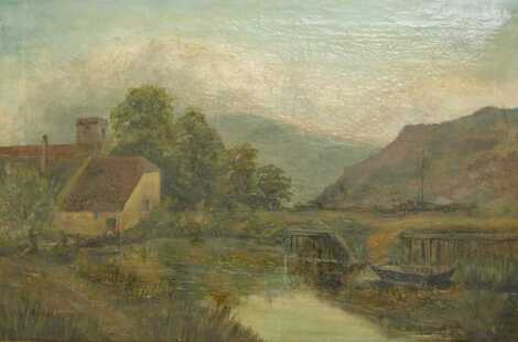 Late 19th/early 20thC School. Lake scene depicting figure fishing on bridge before building with mountains to the background, oil on canvas, indistinctly signed, 52cm x 73cm.