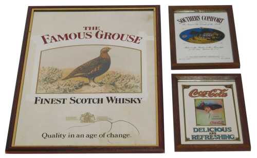 Three advertising mirrors, comprising Famous Grouse, 74cm x 45cm, (AF), Southern Comfort, 30cm x 20cm, and Coca-Cola, 30cm x 20cm. (3)