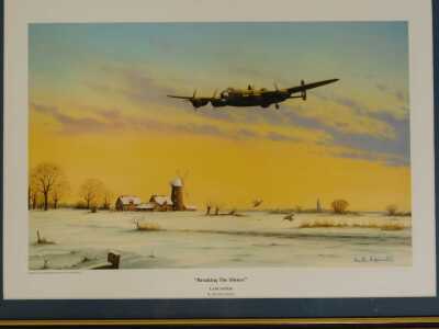 A group of aviation prints, comprising after Barrie Clark, Spitfire, 26cm x 49cm, after Keith Aspinall, Breaking the Silence, 26cm x 35cm, after Timothy O'Brien, Lest We Forget, signed limited edition number 486/500, 25cm x 35cm, together with various RAF - 7