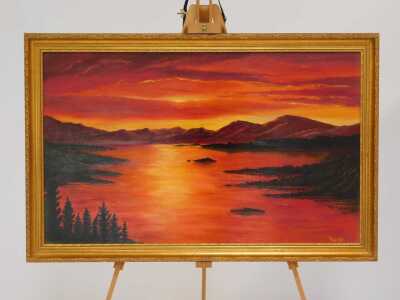 G Kelly (20thC School). Sunset over Loch Rannoch, oil on board, signed, 55cm x 89cm. - 2