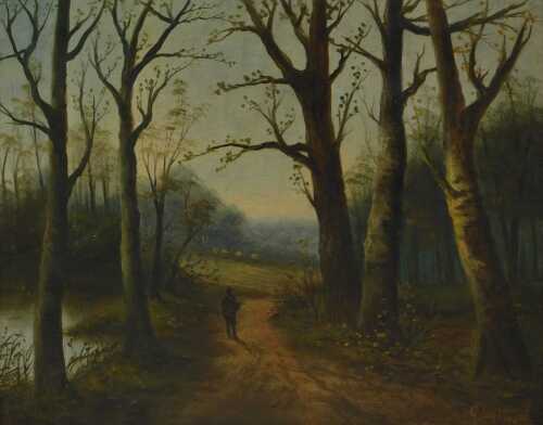 G Wyatt (late 19th/early 20thC School). Figure on a country path surrounded by trees beside a lake, oil on canvas, signed, 40cm x 49cm.